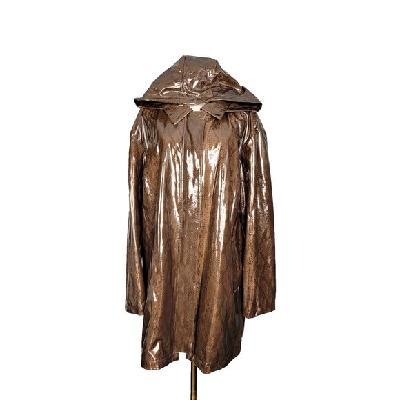 Nikki Jones Rain Jacket Size Large Brown Snakeskin Print Raincoat Shiny Hooded - Picture 5 of 16